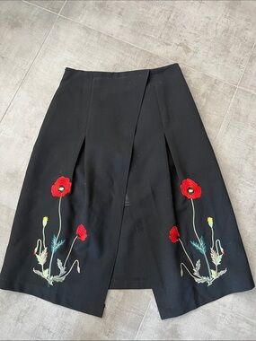 Chicwish Black A-Line Skirt with Red Floral Embroidery